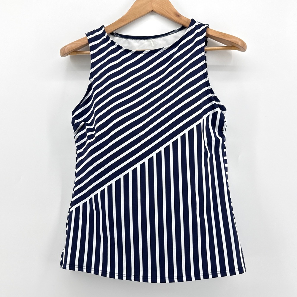 Lands'‎ End High Neck Soft Cup Tankini Top 8 DD Navy White Stripe No Underwire